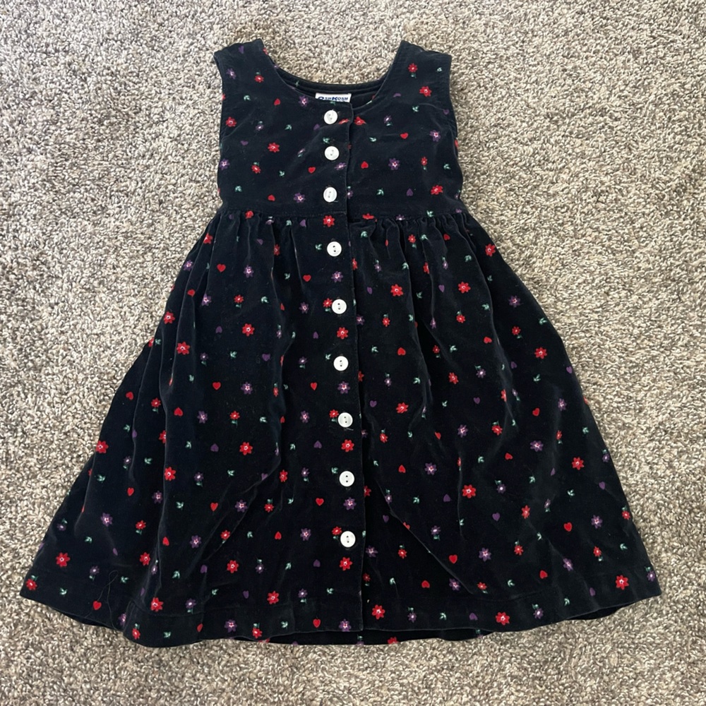 VINTAGE 90s Oshkosh BGosh Velvet Velour Floral Sleeveless Dress Black Size 4T